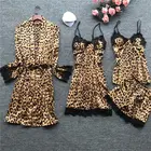 Пижамный комплект женский с леопардовым принтом, атласная пижама, пижама, шелковая Домашняя одежда с вышивкой, одежда для сна, ночное белье