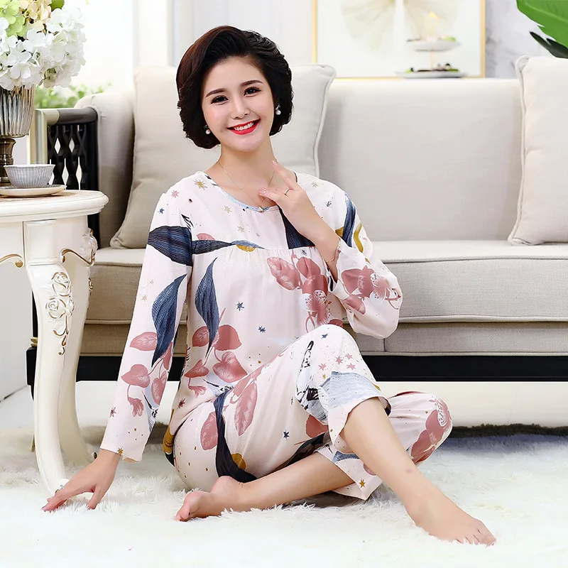 

Mother Pajamas New Long Sleeve Temperament Sleepwear Cotton Plus Size Home Service Suit Middle-aged And Elderly Nightwear Loose