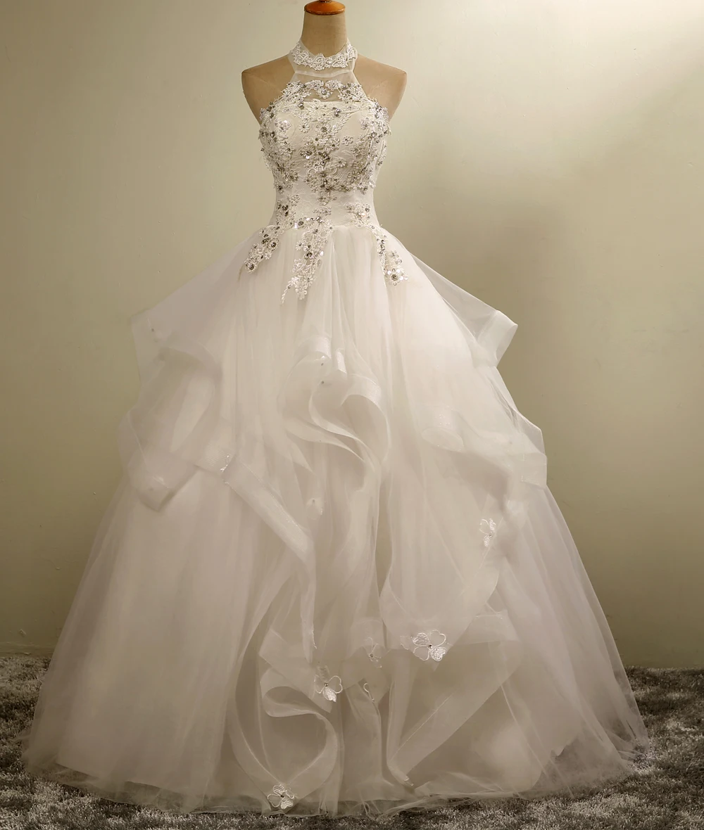 Dressv Индивидуальные свадебные платья длина до пола Тюль Высокая шея аппликации