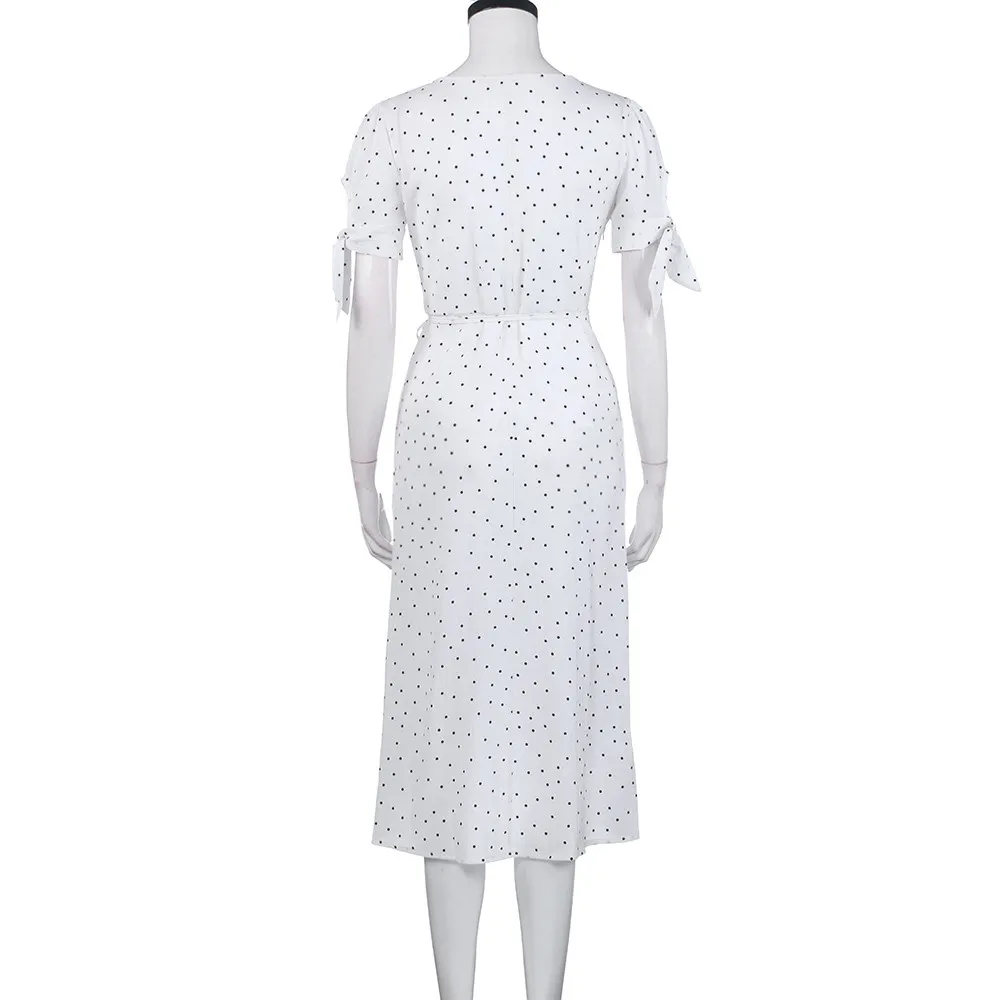 Женское длинное платье макси в горошек с V образным вырезом и коротким