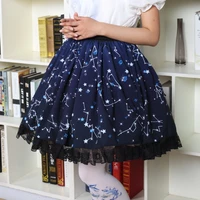 cute sweet lolita pleated skirt blue constellation starry night print lace trim tea party harajuku princess doll sk women skirts