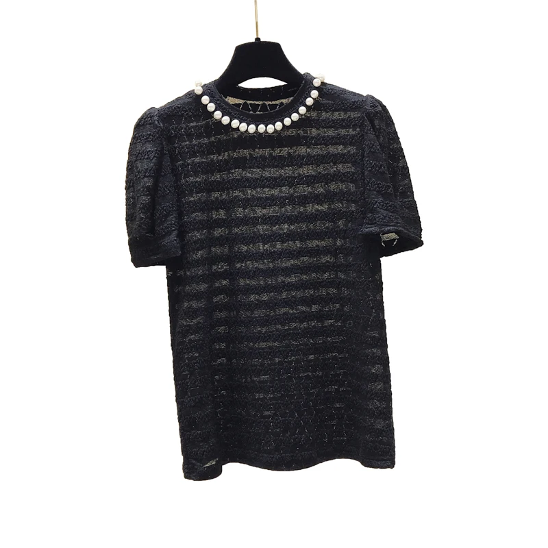 

2020 Summer Women's Bubble Sleeve Beading O Neck T-Shirt Ladies Casual Pullover Tee Tops A3269