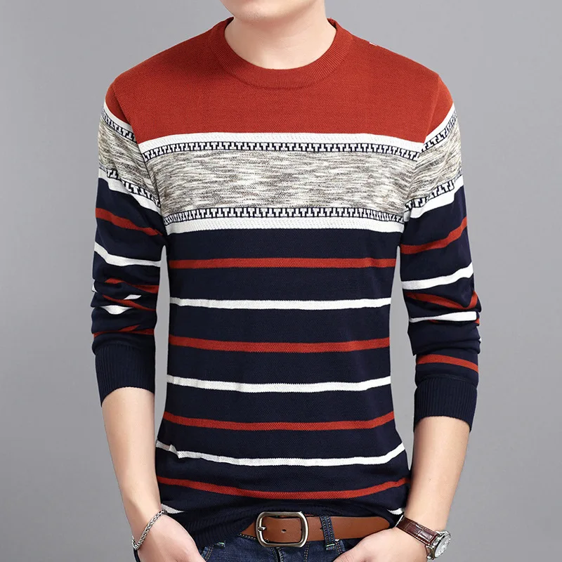 Хлопковый повседневный мужской свитер приталенный трикотажный в полоску с