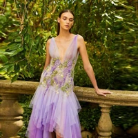 lilac v neck prom dress sexy floral dress applique asymmetry high low tulle dress lush layered party dress for photoshoot dress