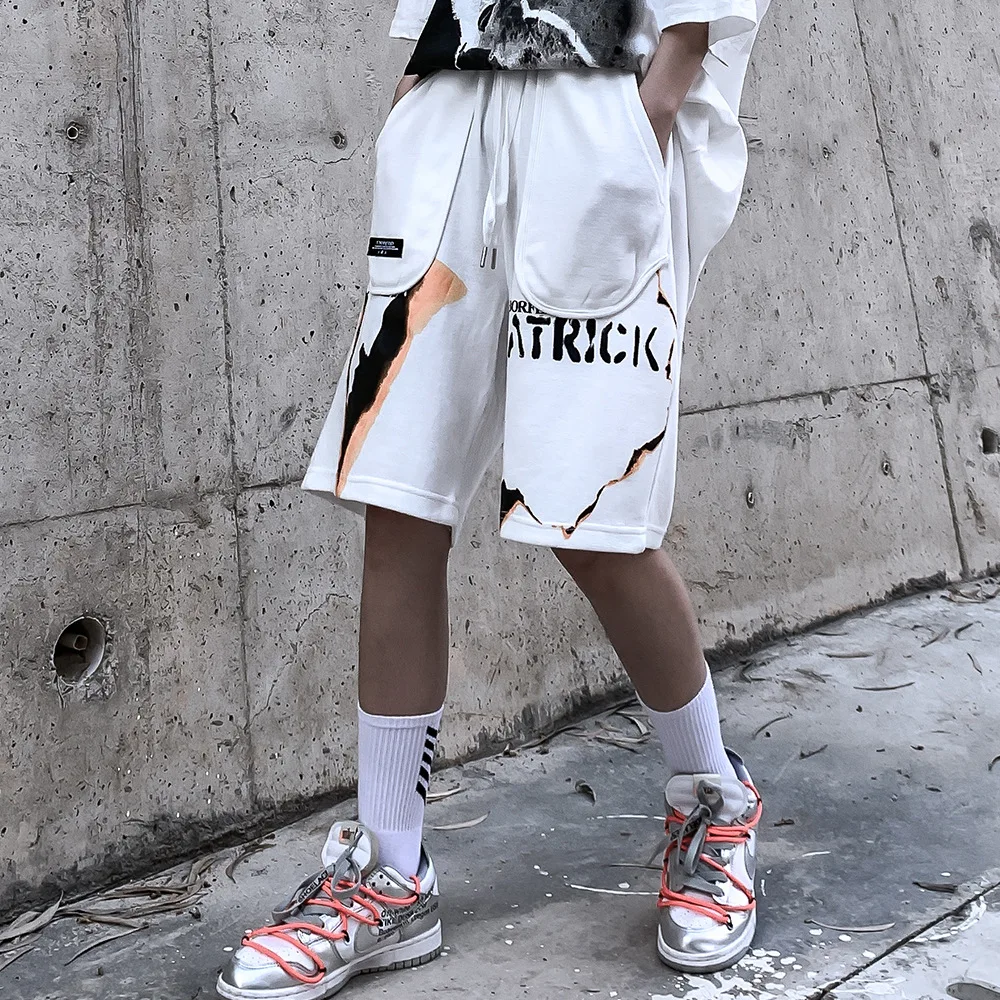 

UNCLEDONJM Flame sweat shorts techwear streetwear pants men casual shorts summer Knee Length korean fashion short for men 21013