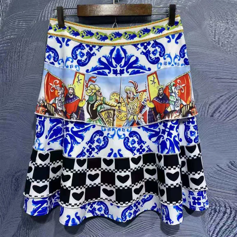 

SEQINYY Summer Two Pieces Set Summer Spring New Design Fashion Beading Tee Shirt + Mini Skirt Heart Blue Flower Printed Casual