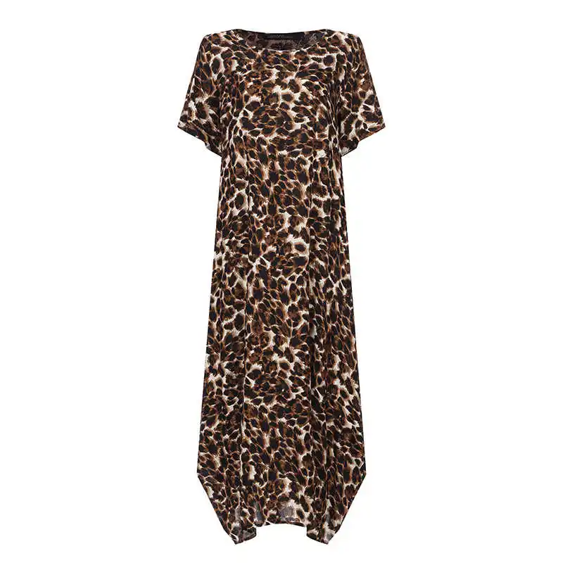 Brown Leopard Модное летнее платье с принтом, женский сарафан, ZANZEA, туника с коротким рукавом, макси платье, женское Повседневное платье в горошек, большие размеры - Color: Brown Leopard