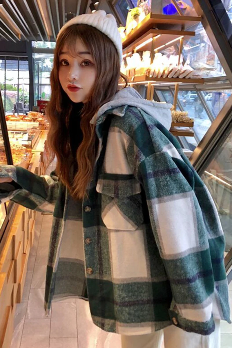 

2020 Spring Women's Plaid Blouse Loose-Fit Korean-style Tops Long Sleeve Cotton Plaid Hooded Green Red Tops