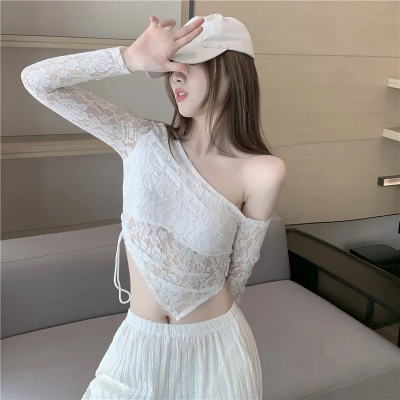 Camiseta Sexy con hombros descubiertos y encaje irregular de manga larga, top de hada sin tirantes, pliegues, camiseta adelgazante