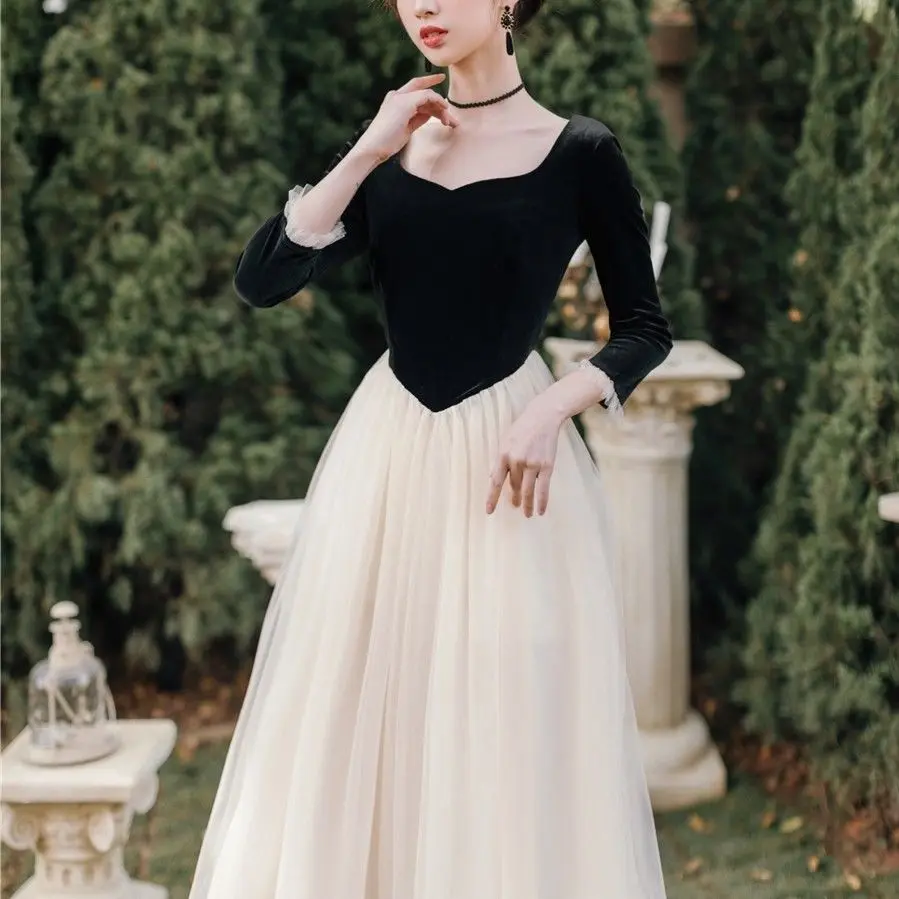 

Sweet Lolita Vintage Victorian Gothic Retro French Velvet Stitching Mesh Dress Temperament Black Princess Fairy Dresses Fluffy