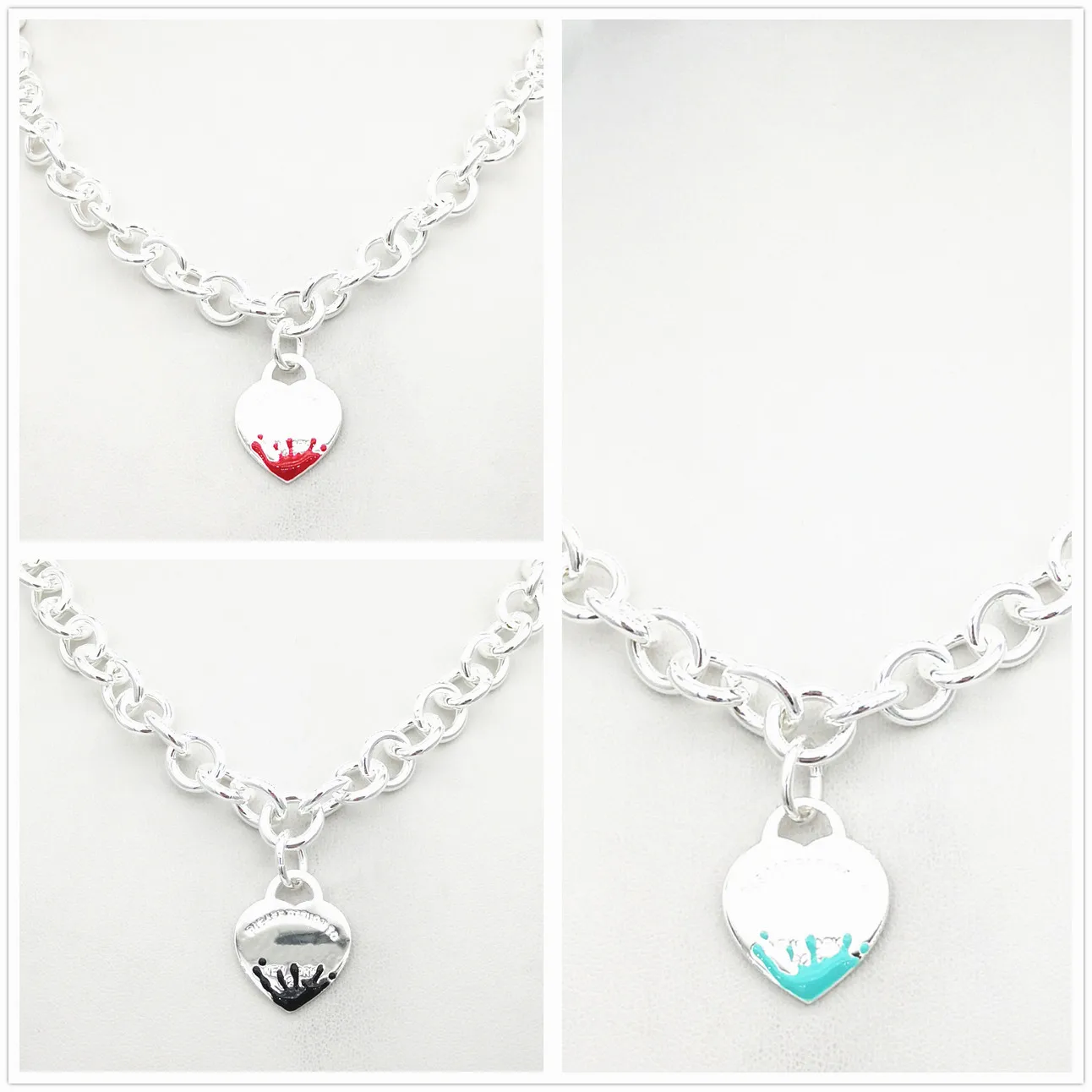 

Ladies S925 Sterling Silver Classic Cyan Pink Heart-shaped Splash Splash Enamel Silver Necklace Jewelry Couple Holiday Gift