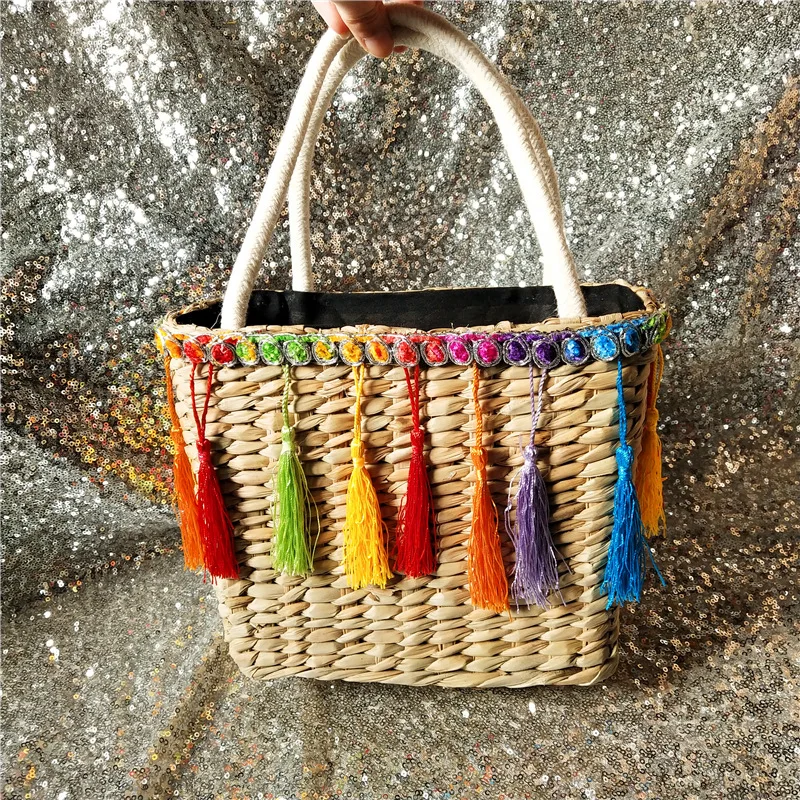 

TOBO Elegant Female Weave Tote Bag Tassel Ethnic Straw Shopper Handbags Women's Designer Large Saddle Bag Straw Beach Travel Bag