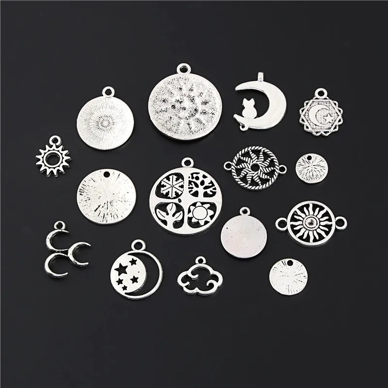 30pcs Mix Silver Color Round Night View Charms Sun Star Moon Cloud Nature Pendant Making DIY Accessories Handmade Crafts M34 | Украшения и