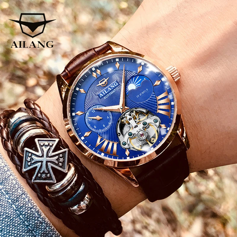 AILANG качественные мужские часы Tourbillon Мужские солнцезащитные/лунные фазный автоматический швейцарские дизельные часы Механ