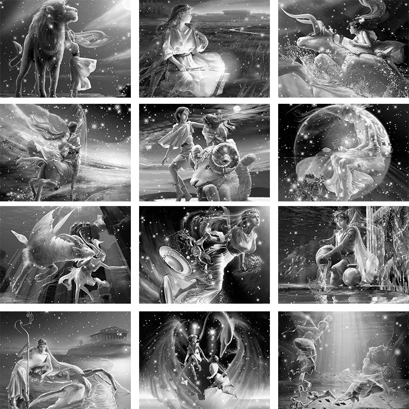 Черно белый знак зодиака алмазная живопись DIY полная квадратная дрель Gemini Leo Aries