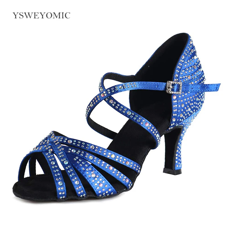 Women shoes For dance Blue Black Satin Rhinestones Latin Salsa Bachata Cha cha meduim Heel Trainning Bachata Latin Dance Shoes