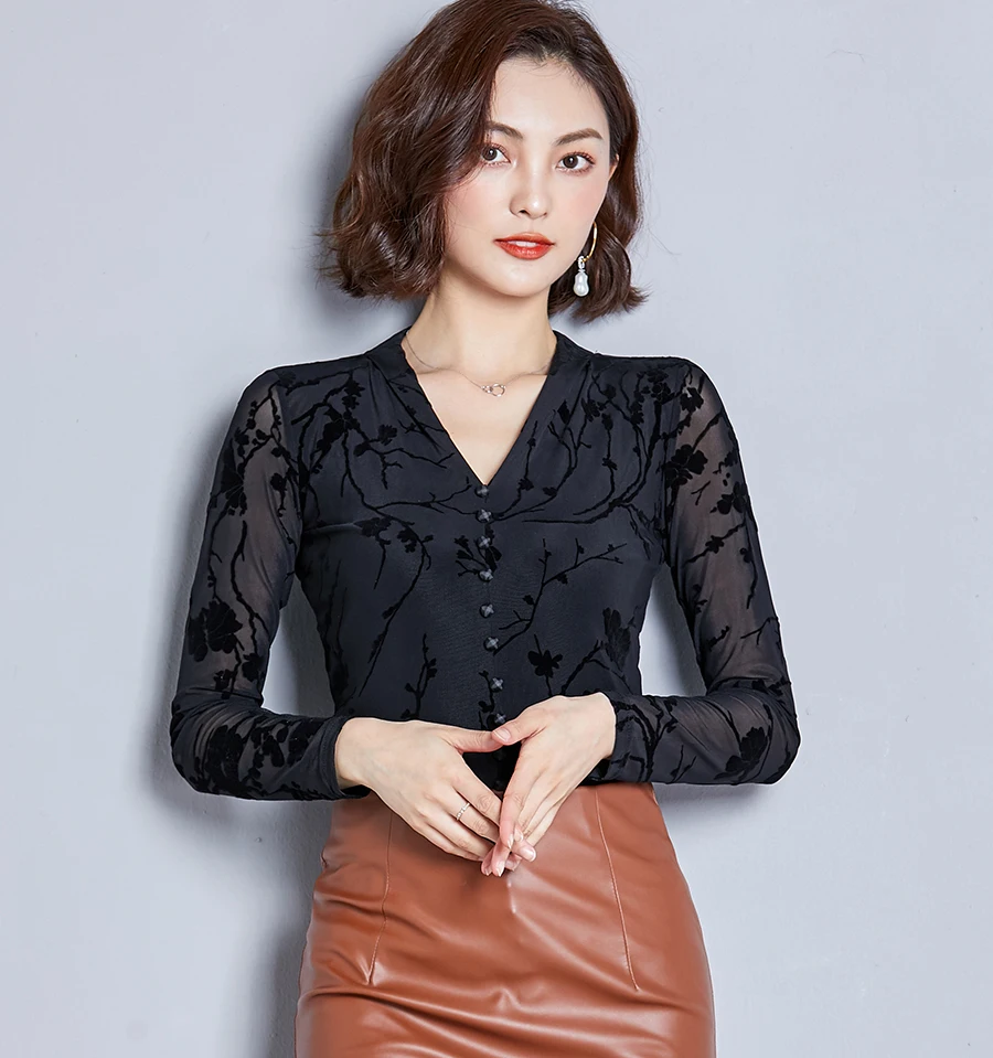 blusas mujer de moda autumn print long sleeve camisa V-neck purple mesh shirt blouse women tops plus size casual blusas