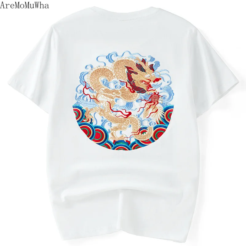 

2021 Summer New Men's Short-sleeved T-shirt Male Chinese Style Embroidery Dragon Totem Tide Loose Trend Large Size Half Sleeve