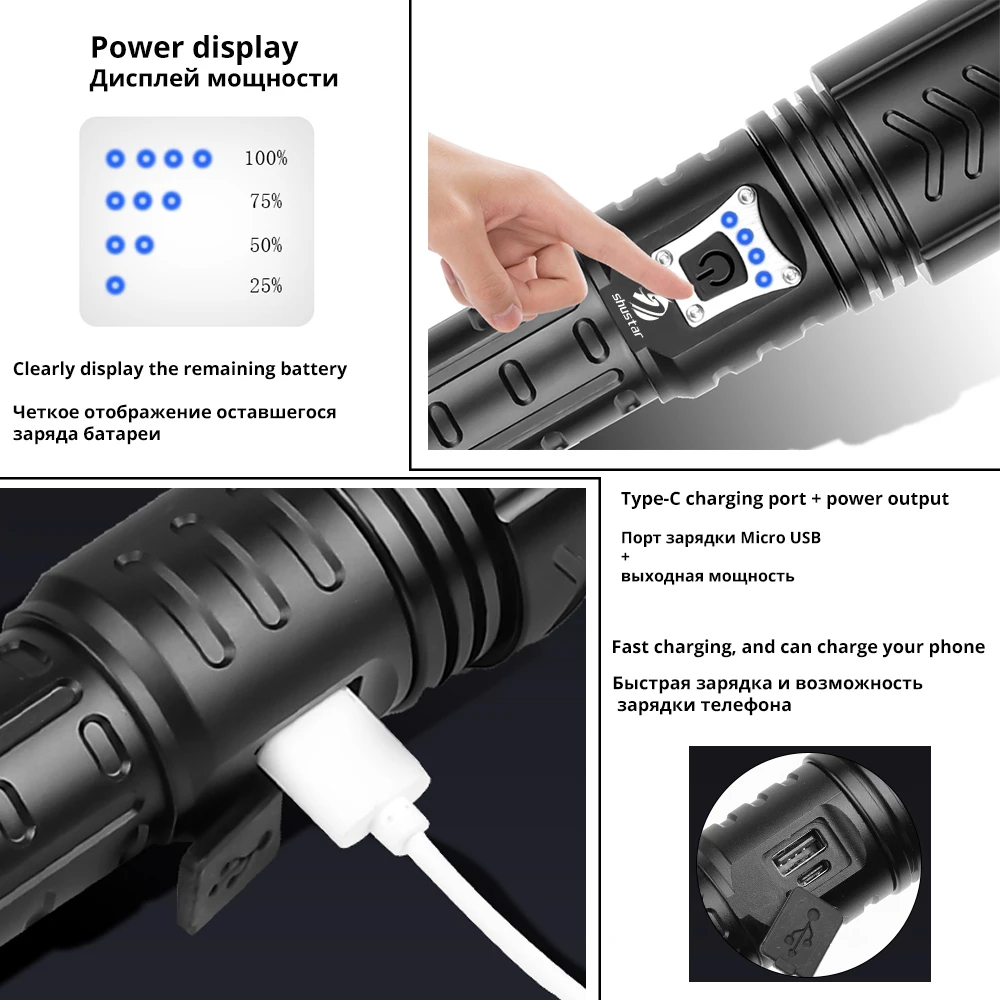 Super Bright 4 Core P90 LED Flashlight With Battery Display Portable outdoor waterproof light Suitable for camping adventure | Лампы и