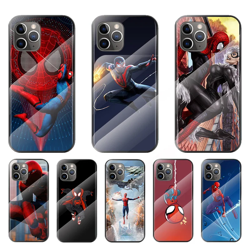 

Marvel Spider Man For Apple iPhone 12 11 8 7 6 6S XS XR SE X 2020 Pro Max Mini Plus Tempered Glass Cover Phone Case