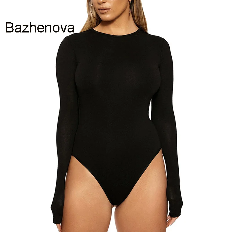 

Женское боди с длинным рукавом Bazhenova, однотонное боди с круглым вырезом, Облегающий комбинезон, универсальная базовая одежда на осень 2020