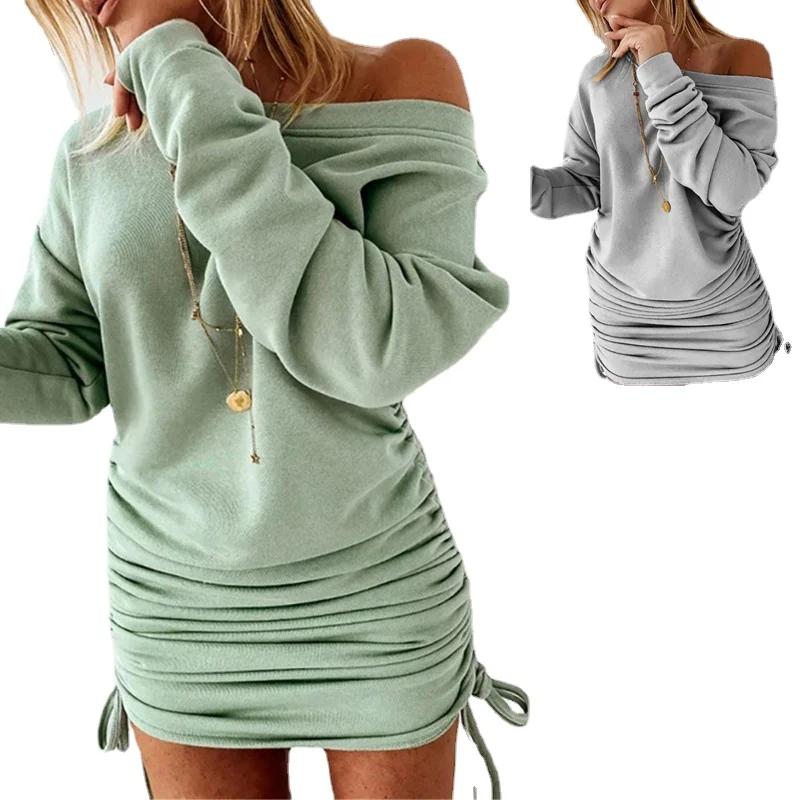 

Женское пикантное мини-платье, повседневное однотонное платье-карандаш с оборками и кулиской, Осенние Пуловеры с длинным рукавом и открыты...