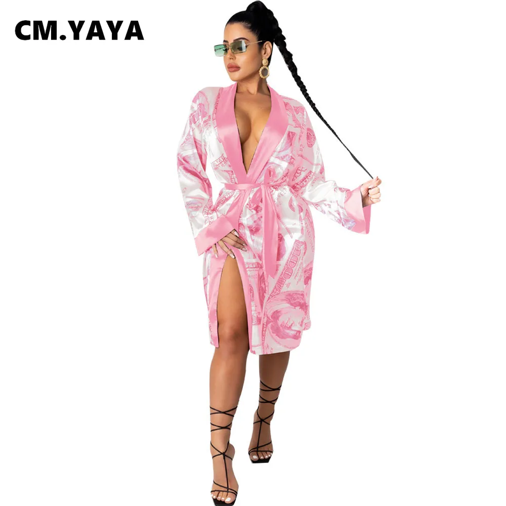 CM.YAYA Women Autumn Winter Benjamin US Dollar Print Open Stitch With Sashes Sleepwear Dress Bodycon Night Club Party Vestidos | Женская