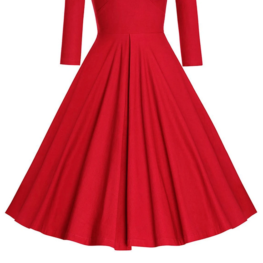 

Autumn Hepburn 50 60s Retro Long Sleeve Dress Elegant Women A Line Red Cotton Vintage Party Dresses Ladies Office Dress Vestidos