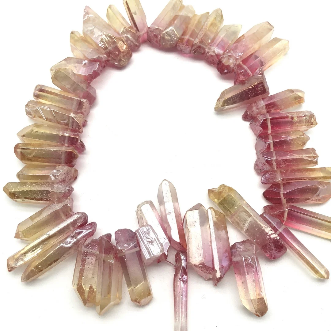 

Желтый и красный титановые семена лемурийского кварца Aura, 1 нить, кристаллический точечный камень, исцеляющий Природный гальванический мин...