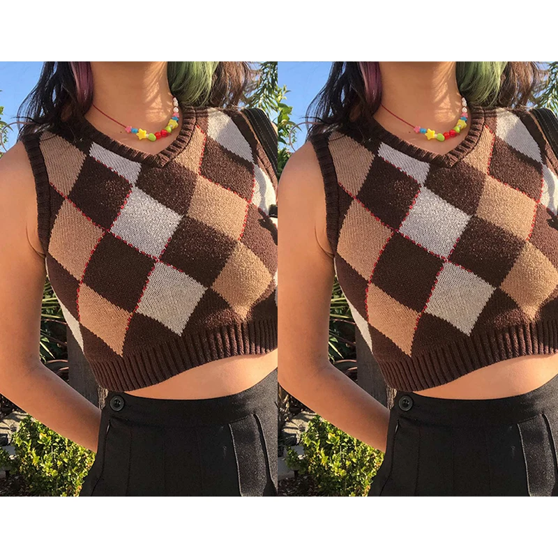 

Клетчатый вязаный женский свитер жилет в английском стиле Preppy Стиль милые Y2K одежда V образный вырез повседневное 90S вязать вязаные джемперы
