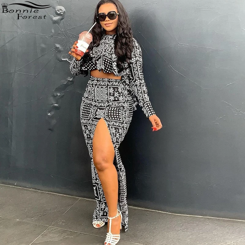 

Винтажный укороченный топ с геометрическим принтом Bonnie Forest и Макси-юбка с высоким разрезом, женские костюмы, комплект, Клубная одежда, сексу...