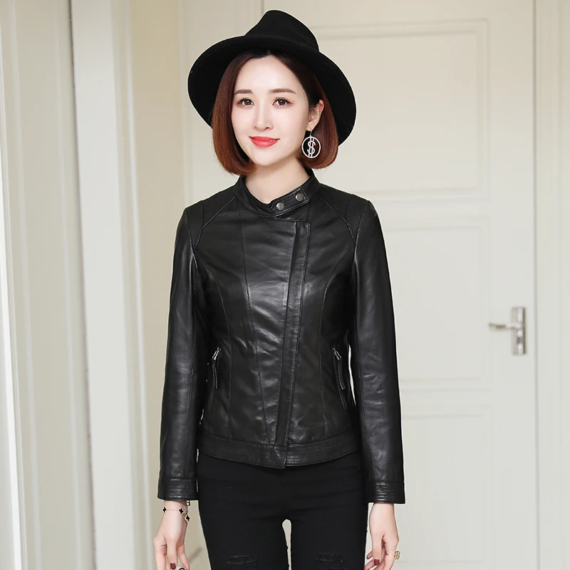 

JCHB 2021 genuine New Spring leather leather coat women's motorcycle short leather jacket round neck sheep leather single