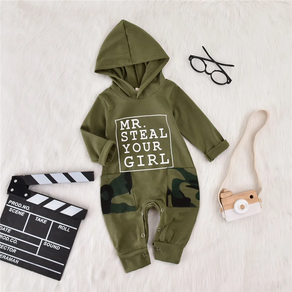 2020 0-18M Camouflage Infant Baby Boy Rompers Autumn New Letter Print Long Sleeve Hooded Jumpsuit Tops Cotton Clothes |