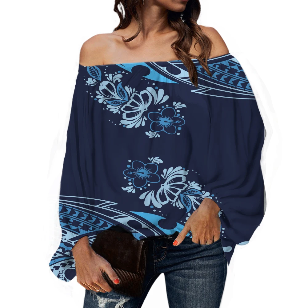 

Summer Ladies Hawaii Retro Style Blue Frangipani Printing Off-The-Shoulder Chiffon Long-Sleeved Top Elegant High-End Shirt