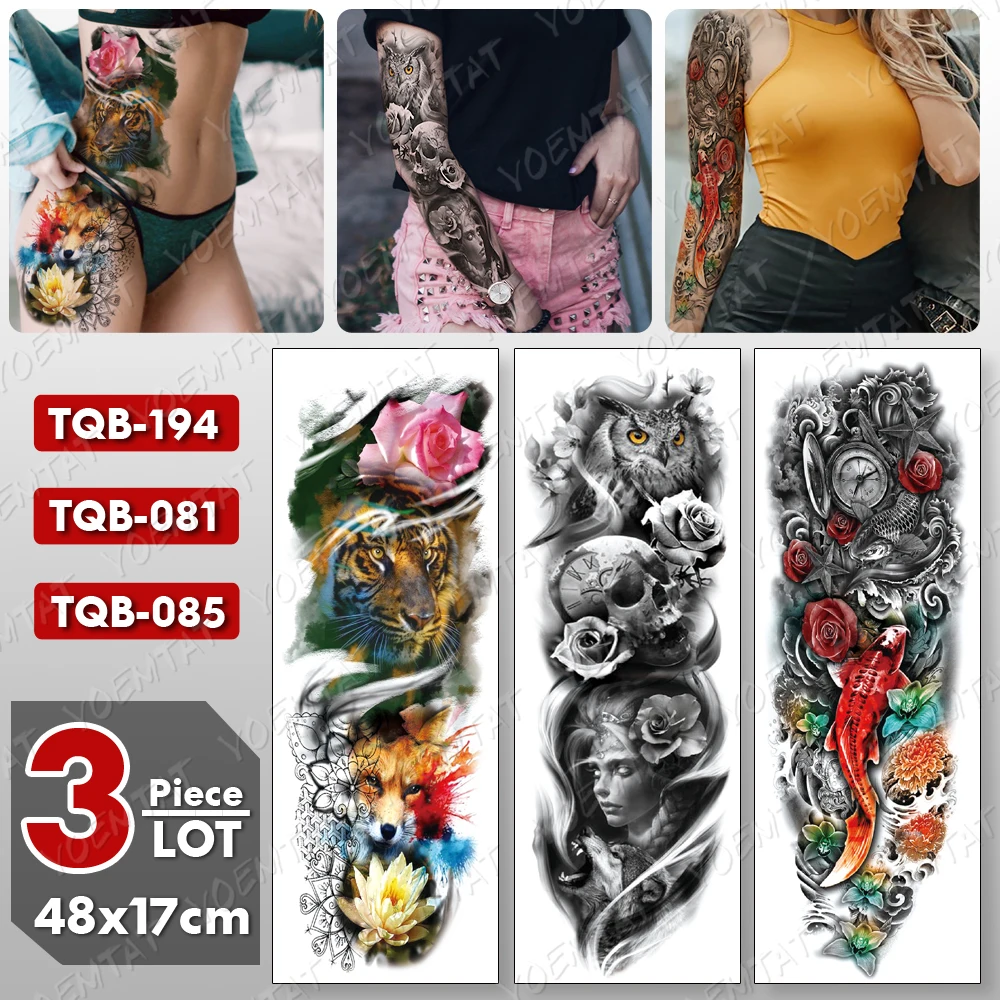 

3 pcs/lot Large Arm Sleeve Tattoo Tiger Owl Waterproof Temporary Tatto Sticker Carp Leg Waist Body Art Full Fake Tatoo Women