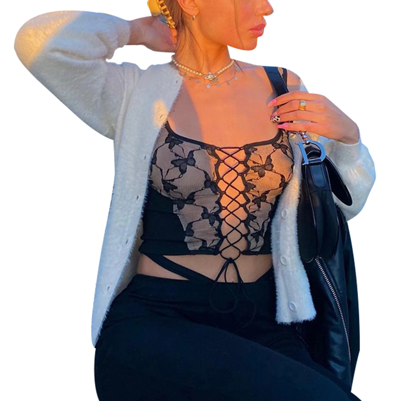 

Кроп-Топ женский пикантный, модная футболка без рукавов с принтом бабочки, с вырезами, на шнуровке, в стиле пэчворк, новая мода 2021