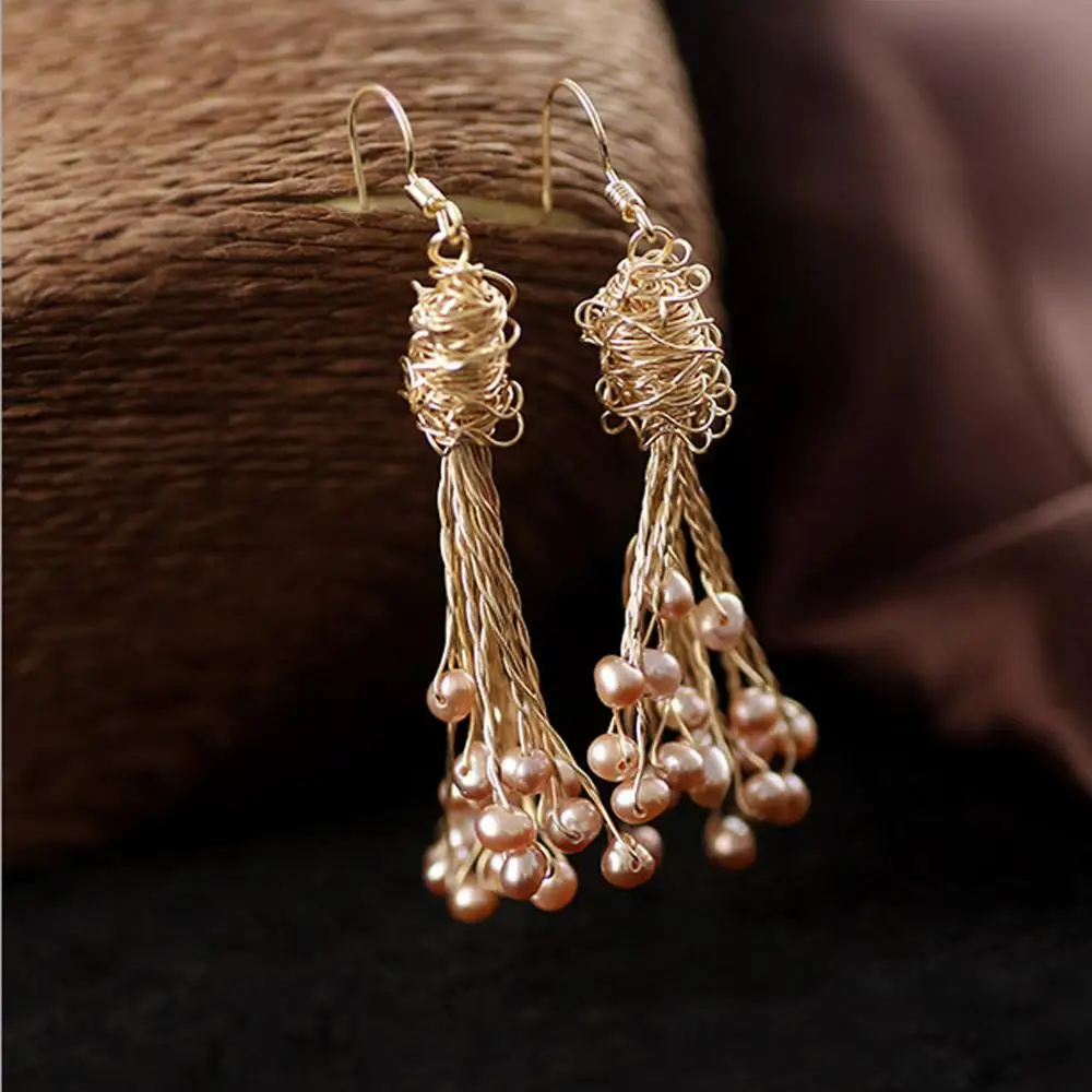 Серьги-ветки с натуральным пресноводным жемчугом 14 золотых плиссированных