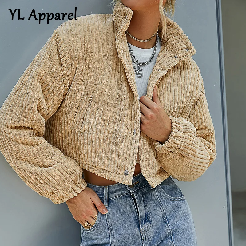 

Woman Clothes Winter Thicken Corduroy Jacket Casual Solid Khaki Zipper Warm Overcoat Streetwear 2022 Down Jackets Quilted Coats