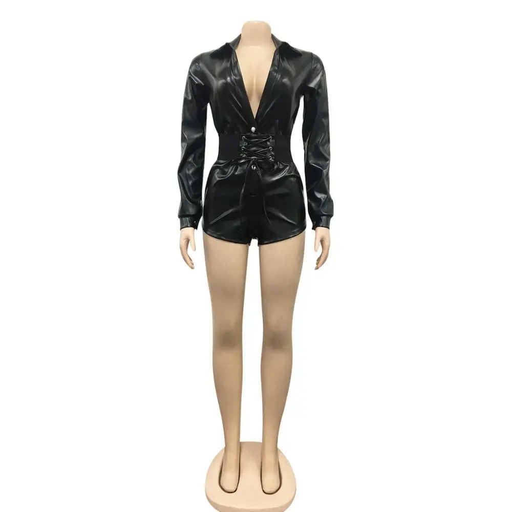 

Elegant PU Leather Corset Playsuit Rompers Womens Jumpsuit Sexy V Neck Bandage Mini Shorts Body Night Club Party Jumpsuit Women
