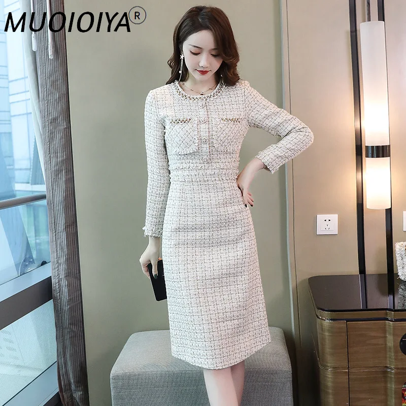 

Tweed Midi Dress Spring Autumn Fall Winter Office Ladies Slim Long Sleeve Elegant Runway Brand Wool Dress Women Vestidos Female