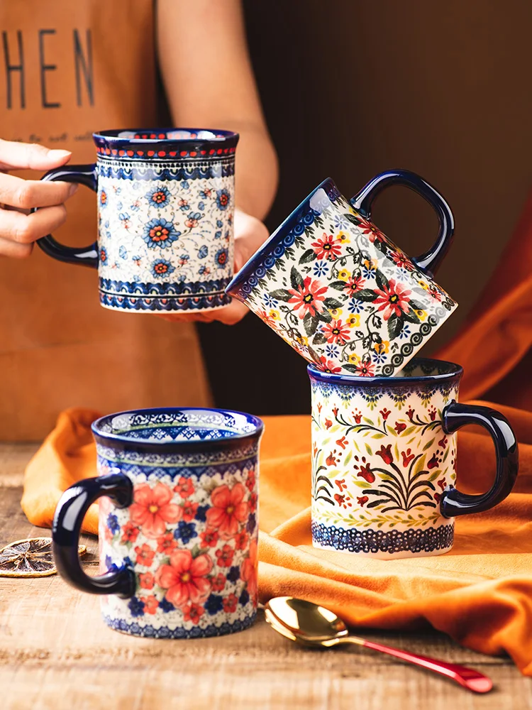 Poland Ceramic Coffee Mug Hand Drawn Daisy 440ml Large Capacity Coffee Milk Cup Microwave Use Teacup
