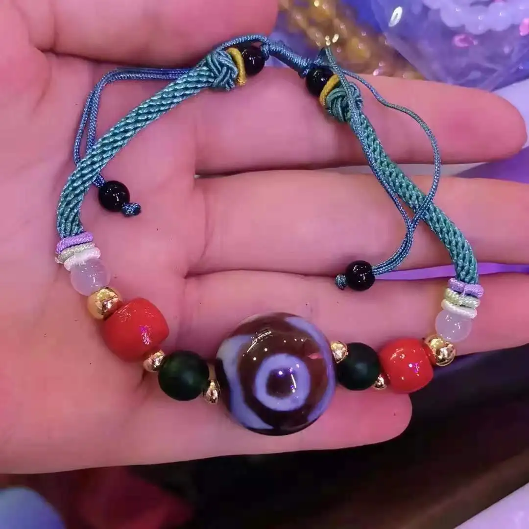 

1pcs/lot red and green agate albino three-eyed dzi hand-woven thick rope bracelet natural jewelry joyero armbandjes joyeria fina