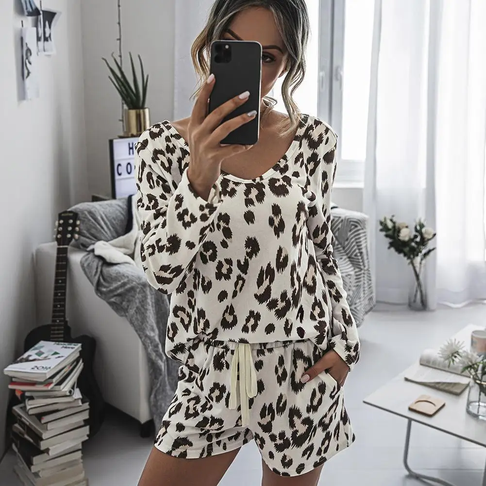 

Women Leopard Print Sleepwear Set Pajamas Blouse Top Drawstring Pockets Shorts Plus size short Pant Homewear Sleepwear Nightwear