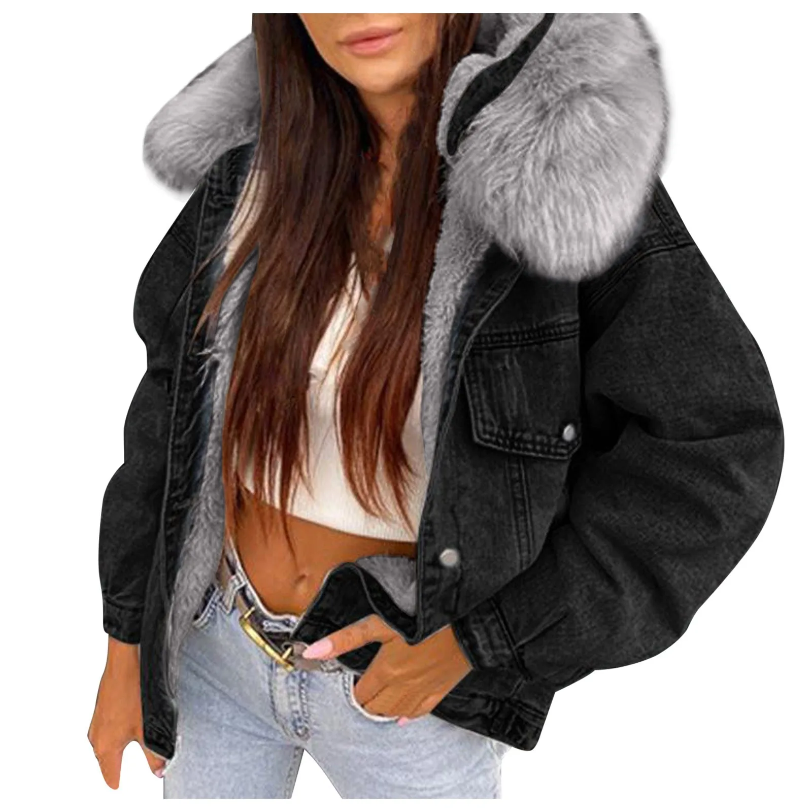 

Женская зимняя джинсовая куртка с капюшоном, однобортная