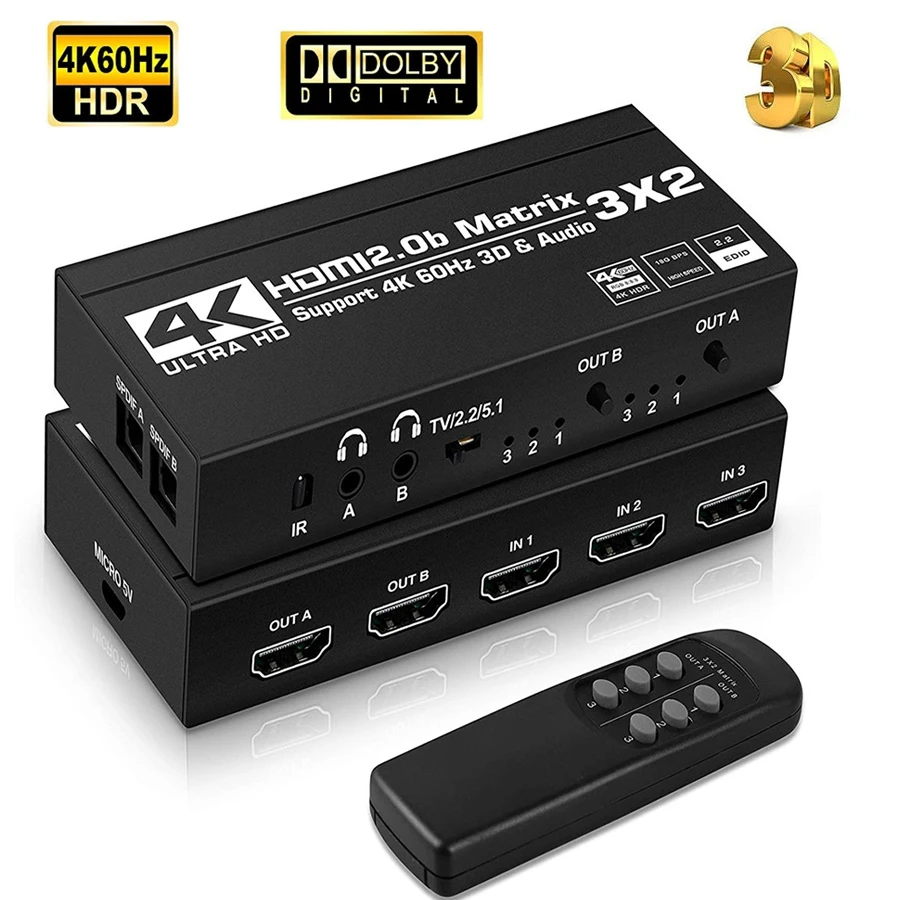 3x2 HDMI Audio Extractor 3 In 2 Out HDMI2.0b Matrix Matrix Switcher Splitter Support Video Switcher Auto Scaling HDCP2.2 4K 60Hz