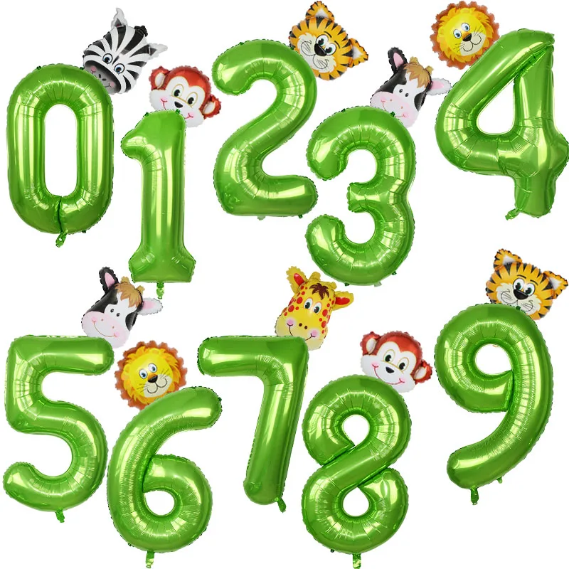 

40inch Green Number Balloons with Jungle Animal Balloons Jungle Party Decorations Kids Boy Birthday Party Decoration Baby Shower