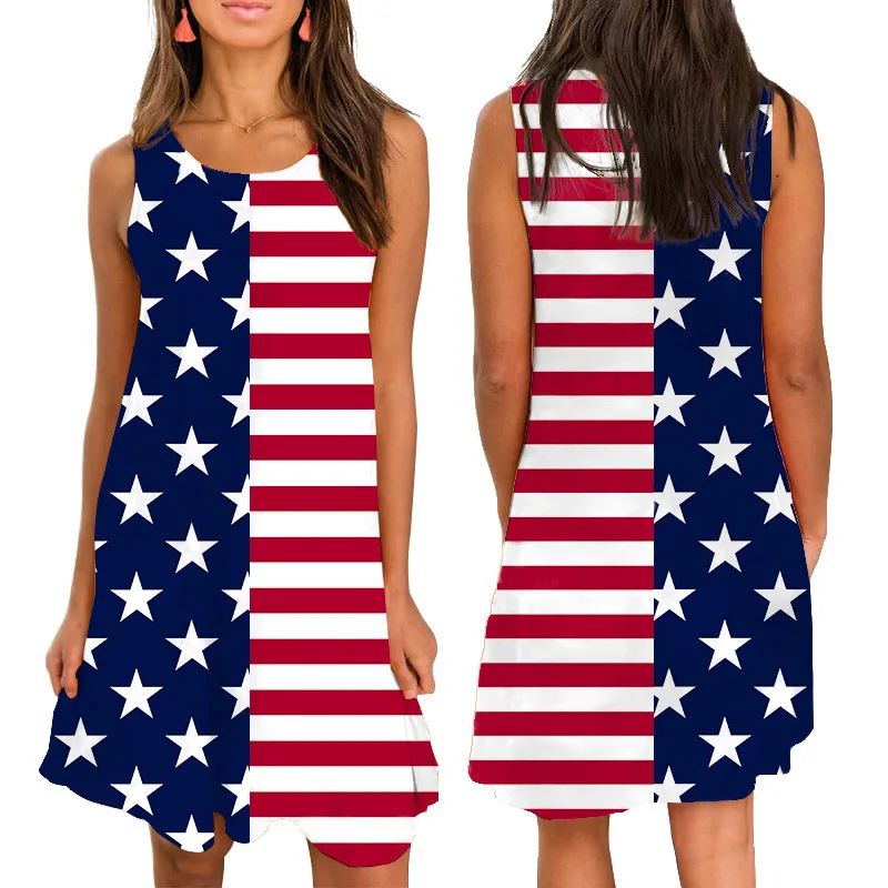 

Fashion Striped Dress Women Summer 2021 Sleeveless Flag Print Loose Dresses Women's Clothing Ropa Mujer Talla Grande