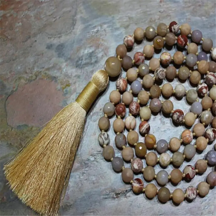 

6mm Crazy Lace Agate Gemstone 108 Beads Tassels Mala Necklace energy natural Bless DIY Healing pray Handmade Wristband