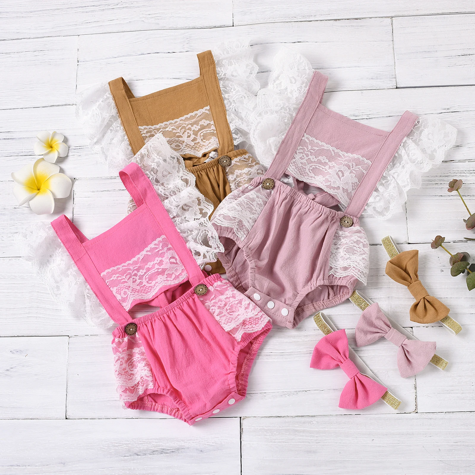 

Princess 0-18M Newborn Baby Girls Boys Rompers Headband Lace Flowers Print Ruffles Sleeve Backless Jumpsuits 3 Color