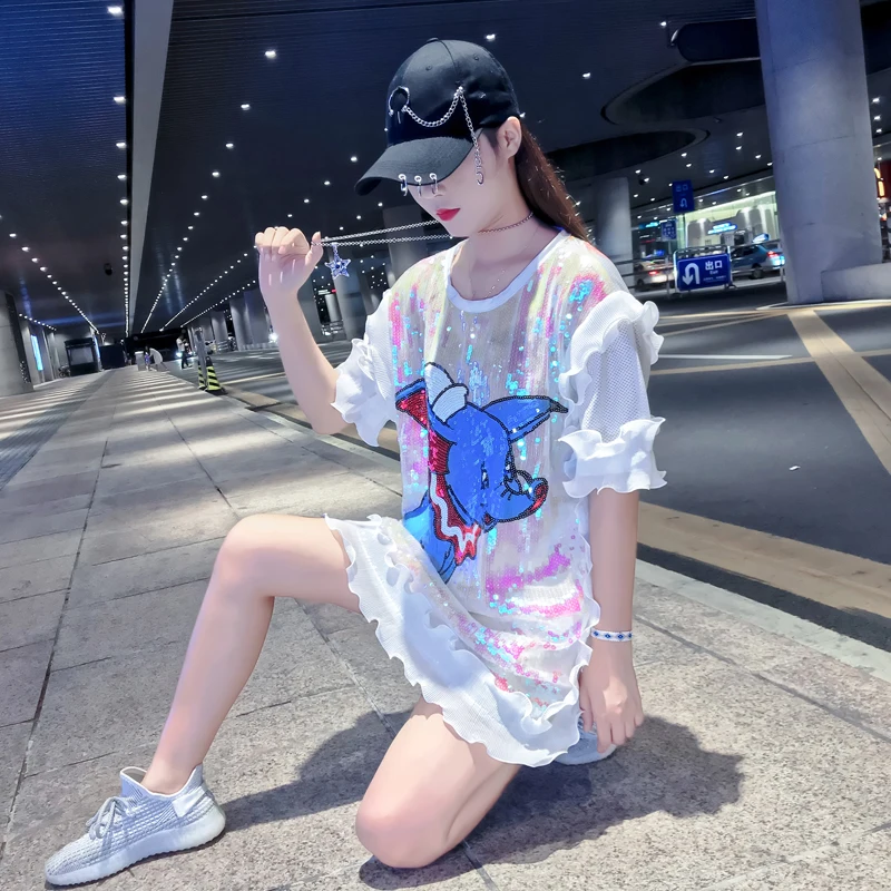 

Ins Celebrity Europe American Women's Loose Ruffles Elephant Sequins T-Shirt Long Style Girls Mesh Dress Top Tee Summer